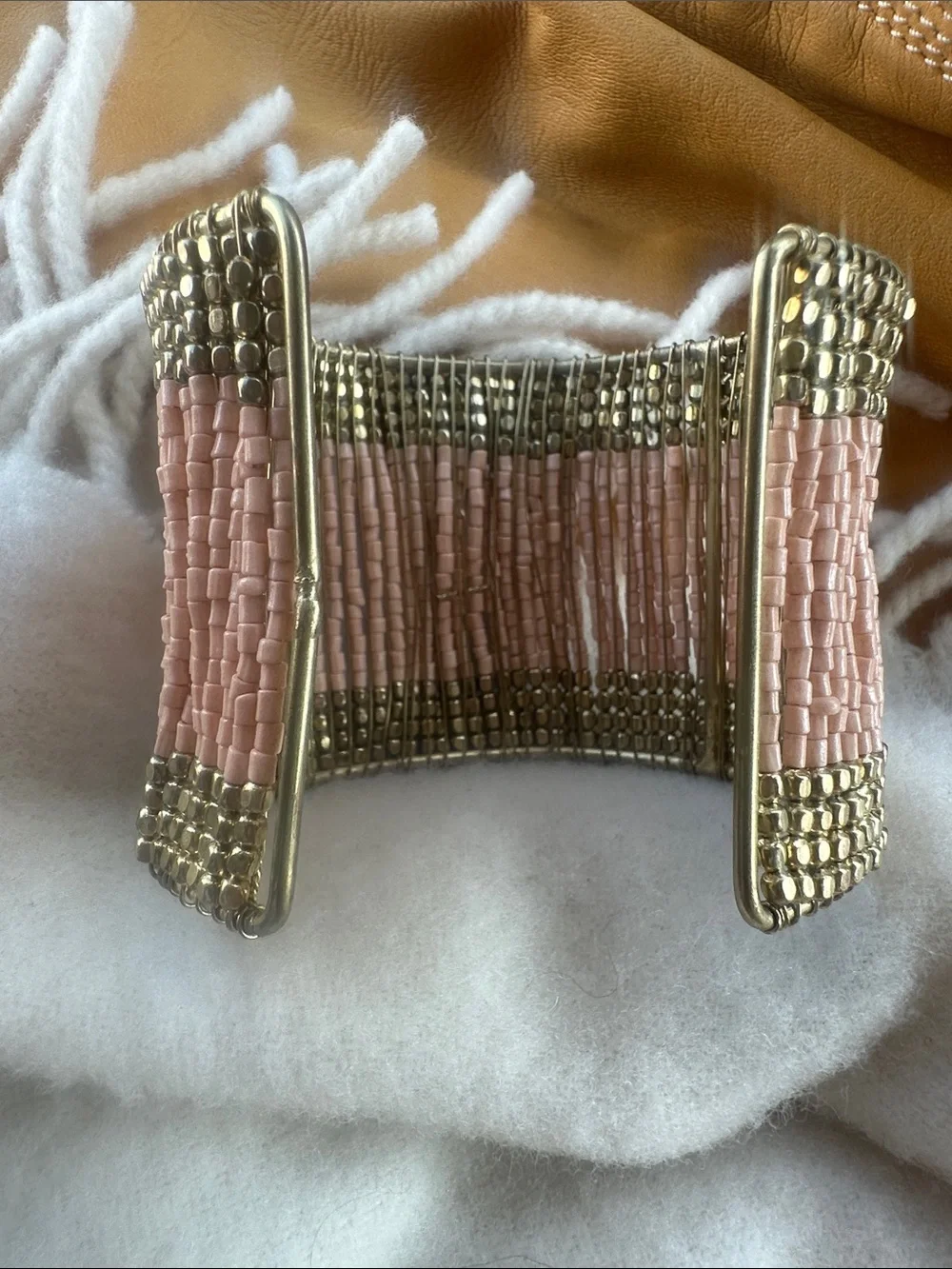Coastal Cowgirl Mermaid Oversized Handcrafted Pink and Gold Beaded Cuff Bracelet